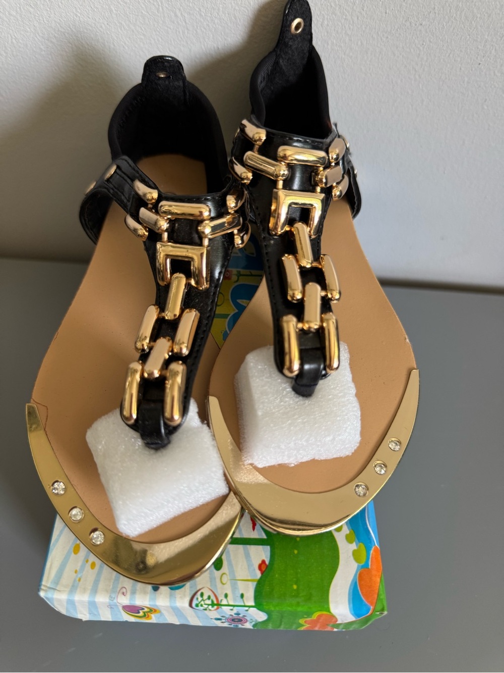 Link Black Sandals with Gold Chain Accent